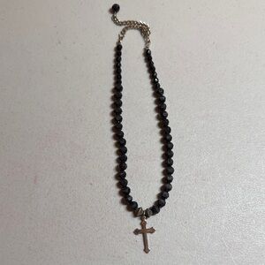Black Beaded Necklace with Cross Pendant